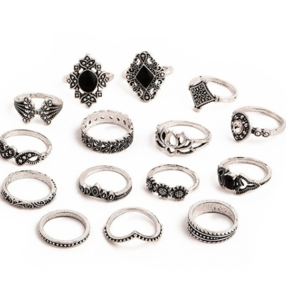 3 for $20 Set of 15 Silver Black Mixed Rings Set - Picture 3 of 3